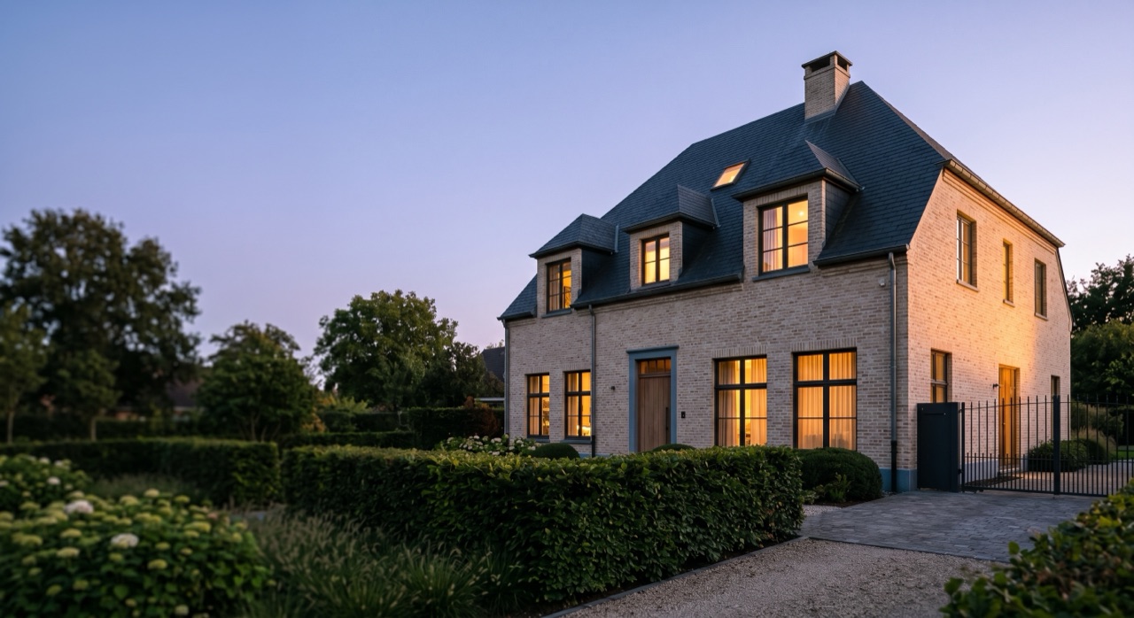 Maison 4 façades bruxelloise en briques claires, toiture ardoise et jardin paysager au crépuscule, certificat PEB PEBify